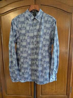 Michael Kors Men's Medium Blue White Geometric Button Down Shirt 100% Cotton
